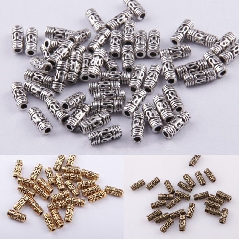 50pcs Manik-Manik Spacer Tabung Silver Tibet 8x3mm Untuk Membuat Perhiasan Diy