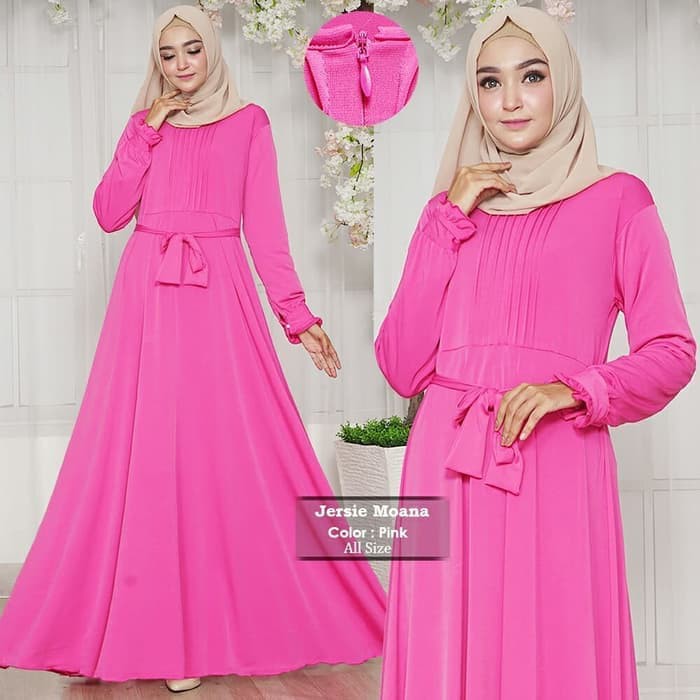 GAMIS MUSLIM JERSIE POLOS PINK MEWAH JOANNA / BAJU GAMIS PESTA SIMPLE TERBAIK