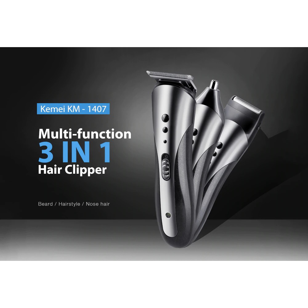 KEMEI KM-1407 - 3 in 1 Electric Rechargeable Hair Clipper Trimmer Set - Alat Cukur Rambut Elektrik