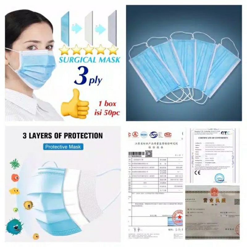 Masker Earloop Pelindung virus 3 lapis isi 50pcs