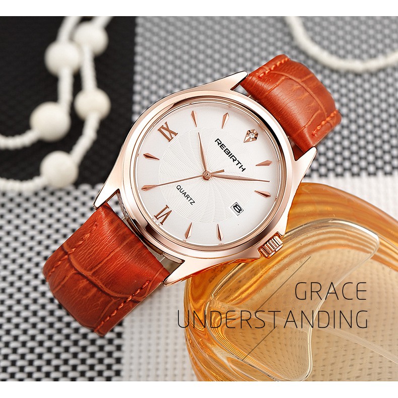 JAM TANGAN REBIRTH WANITA ORIGINAL KULIT COKLAT GOLD PREMIUM PESTA KOREA ORI AMBER JAM069B7