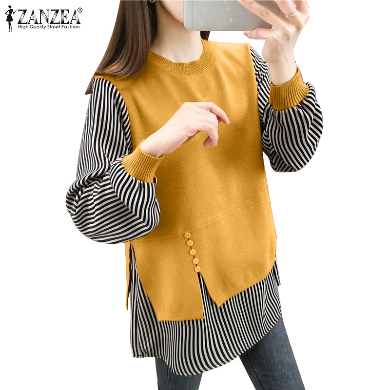 ZANZEA Women Loose Long Sleeve Crew Neck Stripe Patchwork Fashion Blouse