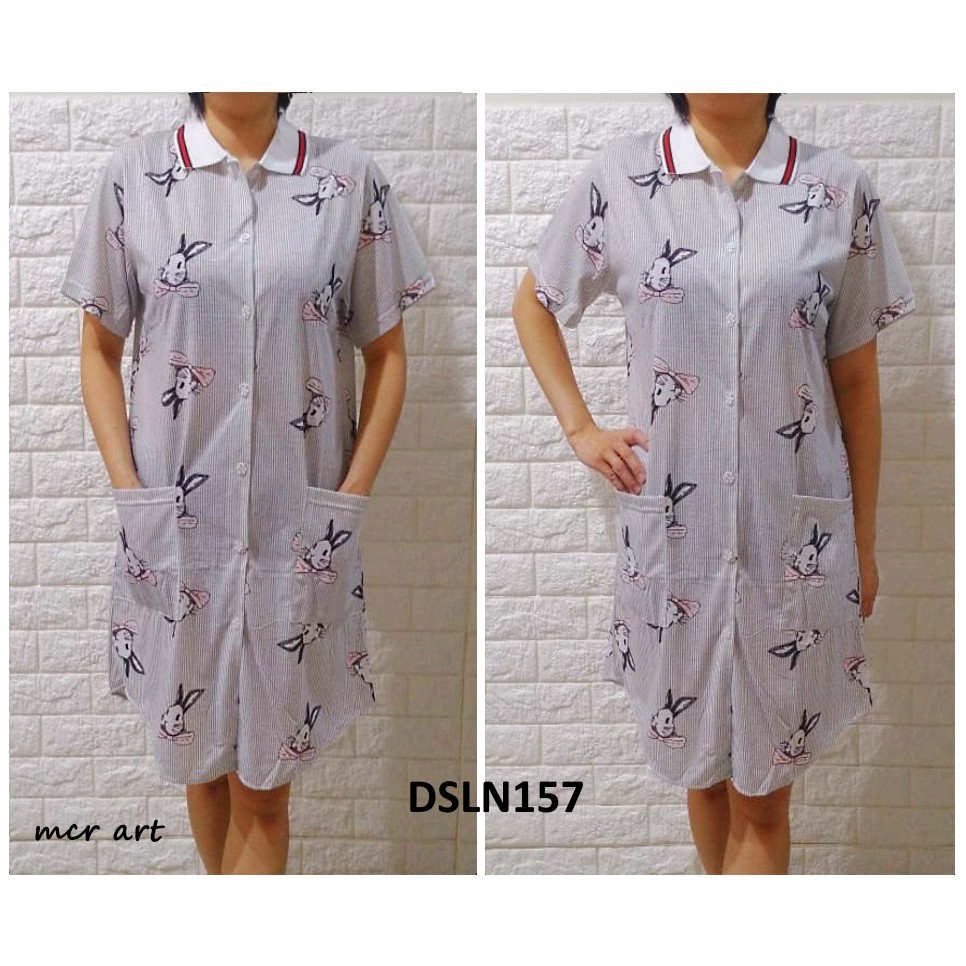 Daster Kerah Baju Tidur Wanita Rabbit Ribbon Salur Blue - DSLN157