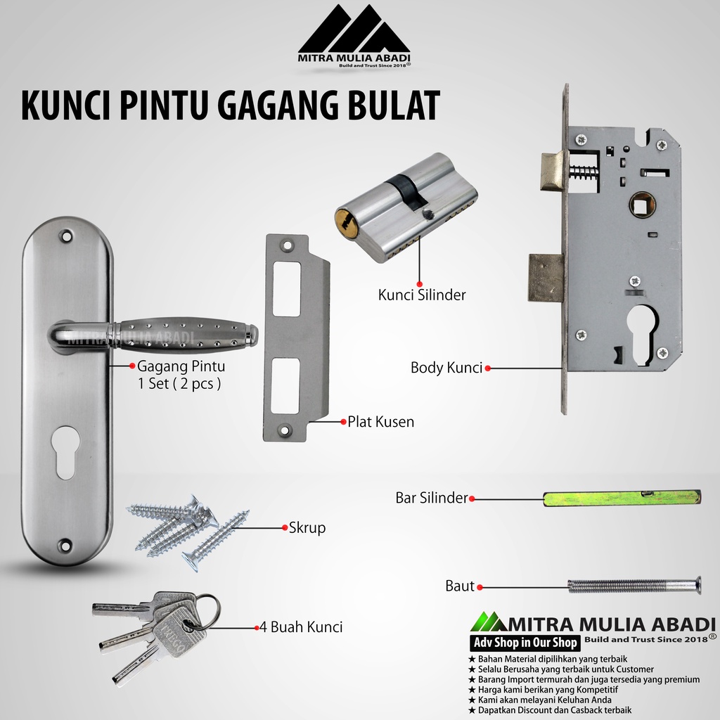 Kunci Pintu Tanggung Silinder Premium l Gagang Bulat Stainless Handle 20cm