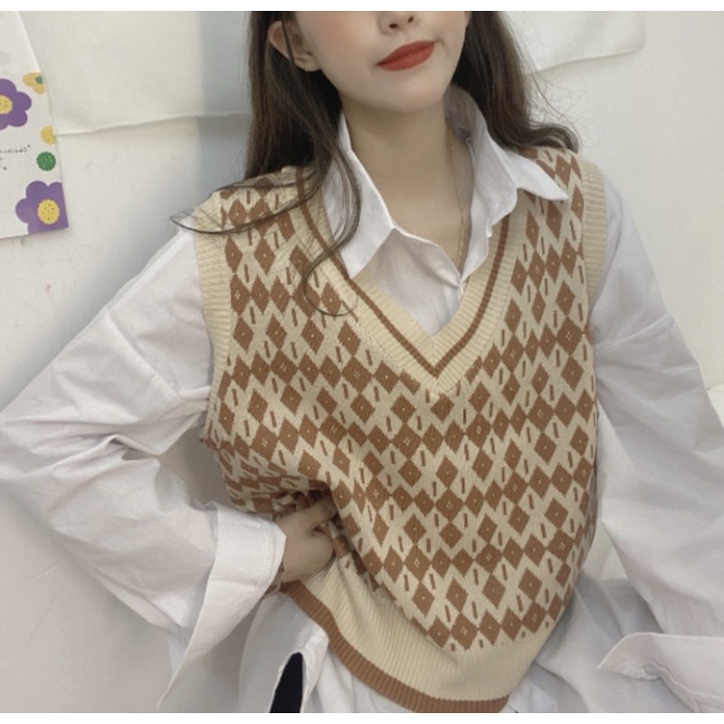 Rompi Sweater Rajut V-neck Tanpa Lengan Motif Kotak-kotak Untuk Wanita