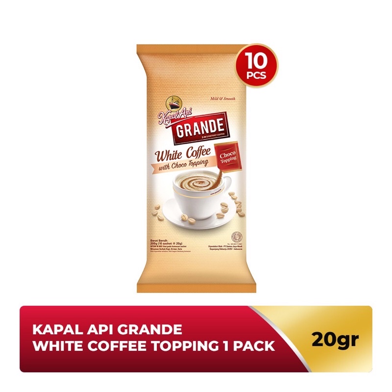 

Kopi Sachet Kapal Api Grande White Coffe, ada toping ekstra Choco toping dalam 1 sachetnya