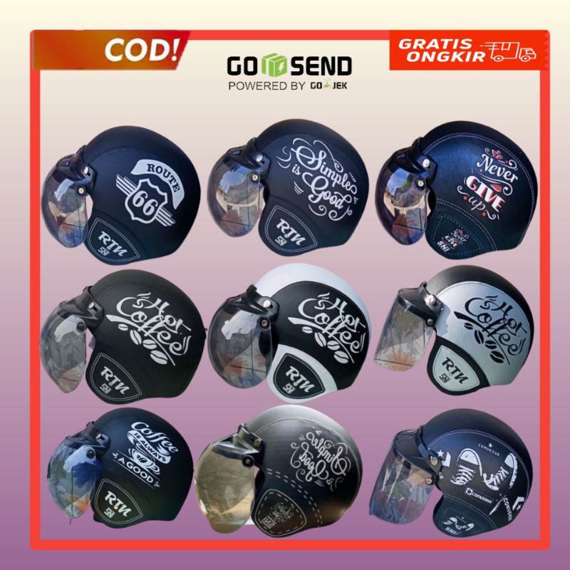 Helm Helem Bogo Retro Kulit Premium SNI Dewasa Remaja Kaca Datar Kaca Cembung Wanita Pria Cewek Cowo