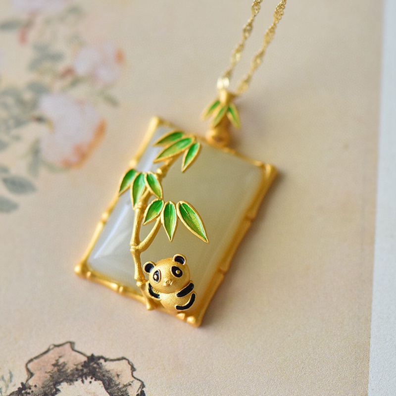 Fancyqube Kalung Liontin Batu Giok Hetian Bentuk Persegi Motif Panda Daun Bambu Gaya Vintage Untuk Wanita