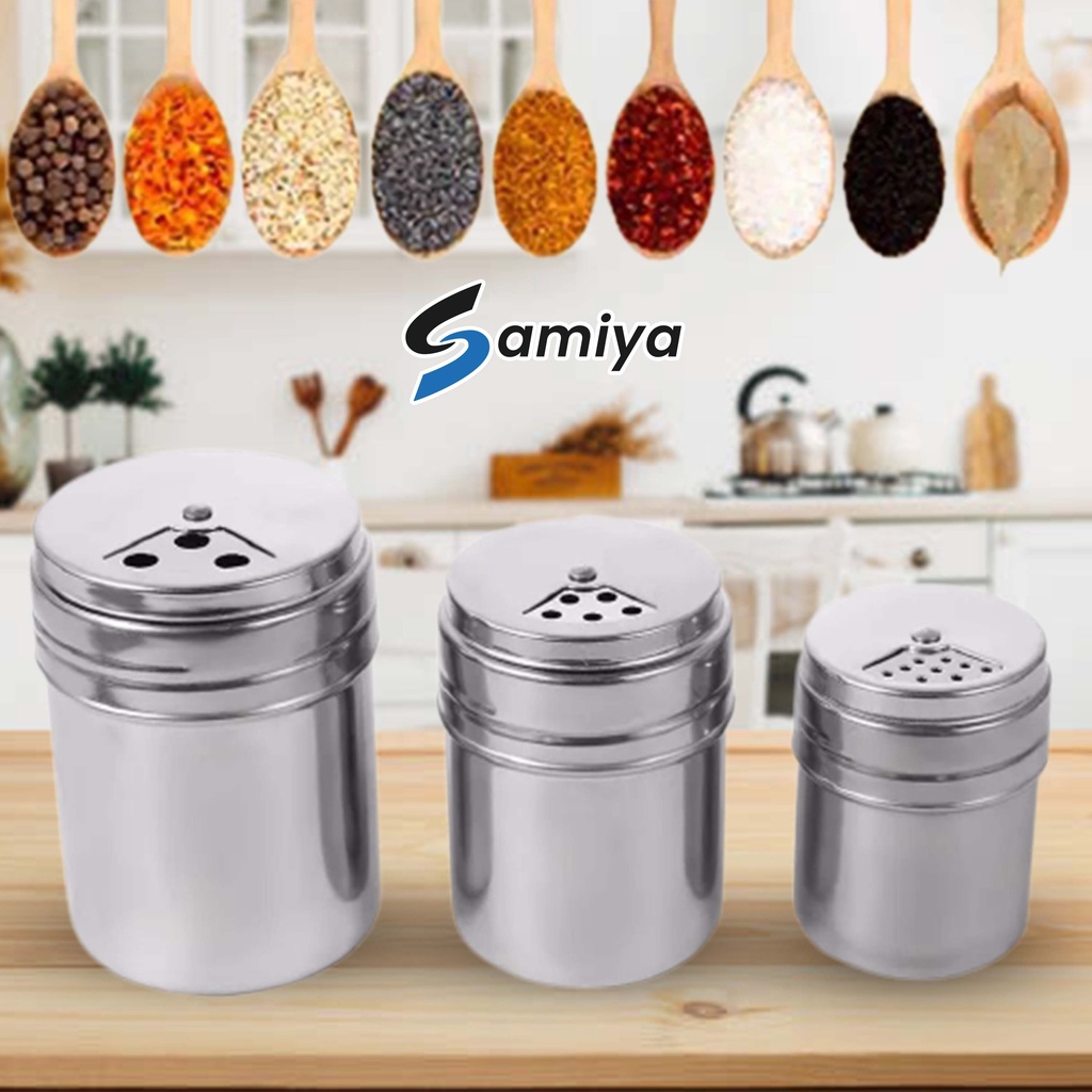 stainless powder can spice chili pepper sugar rotating multi purpose / tempat penabur merica lada cabai garam micin bumbu dapur / tempat penyimpan bumbu BBQ