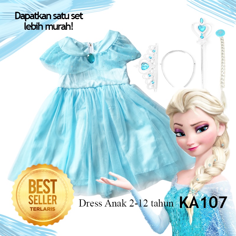 SET Dress Gaun Elsa Frozen 4 5 Tahun Rambut Frozen Elsa Anna 3in1 &amp; 4in1 Baju Anak Perempuan Anna Elsa Frozen Terlaris 10 Tahun KA107