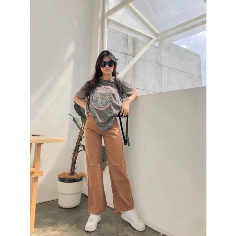 Celana Highwaist Jeans Loose Sobek Wanita Repped Cream