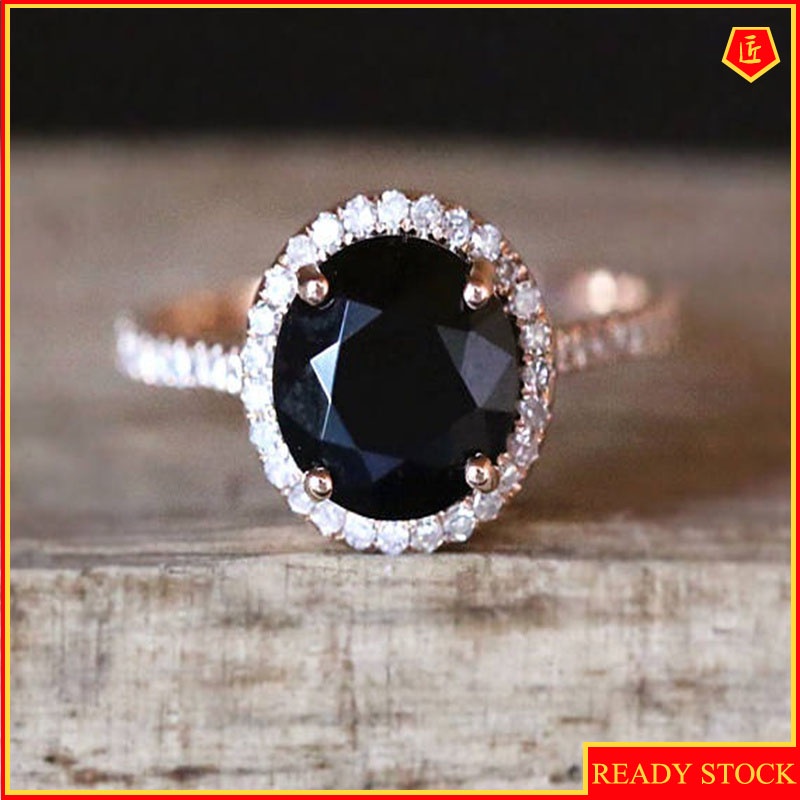 [Ready Stock]Inlaid Black Gem Rose Gold Ring Fashionable and Elegant