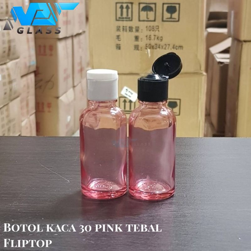 botol kaca 30ml bening pink tutup fliptop