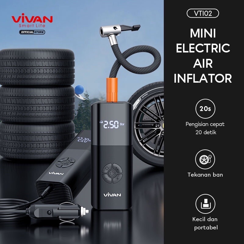 VIVAN VTI02 Pompa Ban Mobil Portable Inflator Tire Elektrik LCD Display Air Compressor Mini Serbaguna Garansi Resmi 1 Tahun