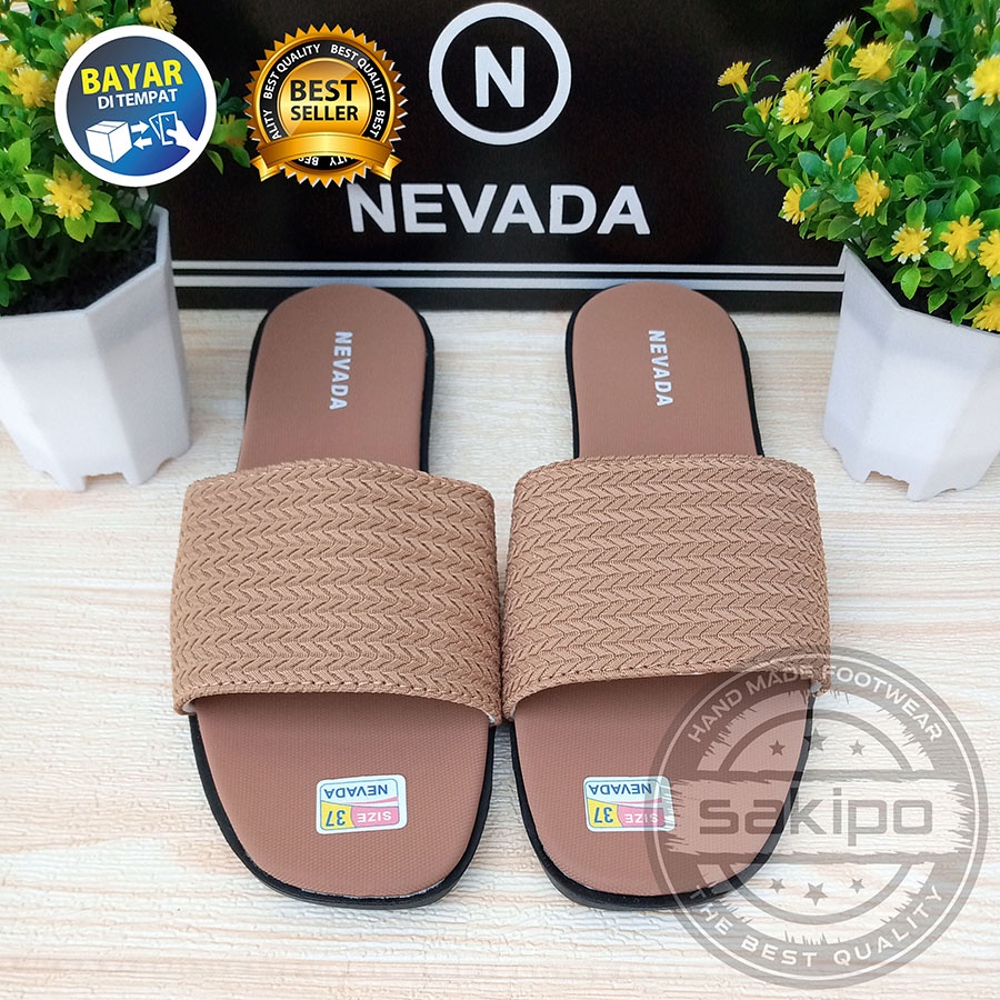 PROMO 8.8 !! SANDAL SLOP WANITA DEWASA NEVADA RAJUT MURAH KEREN TRENDI NYAMAN DIPAKAI / SAKIPO-SR-01 - Mocca