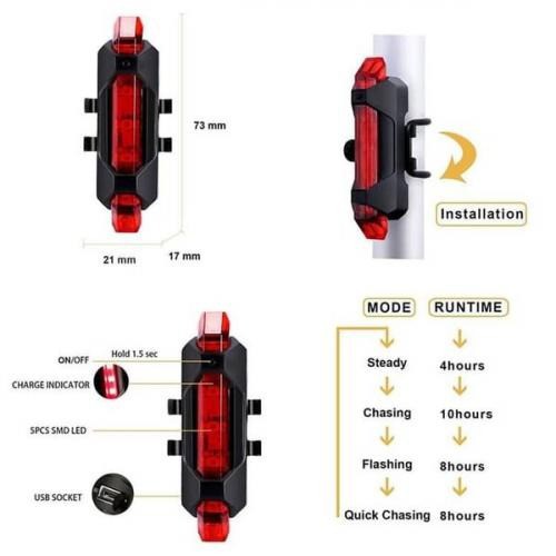 Lampu LED Sepeda Belakang 4 Mode Pencahayaan USB Charge Rear Bike LED Light Waterproof