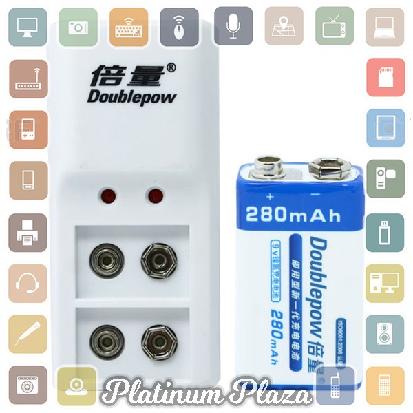 DOUBLEPOW Charger Baterai 2 slot for 9V with 1 PCS 9V Battery 280mAh - DP-B09 - White`1243GW-