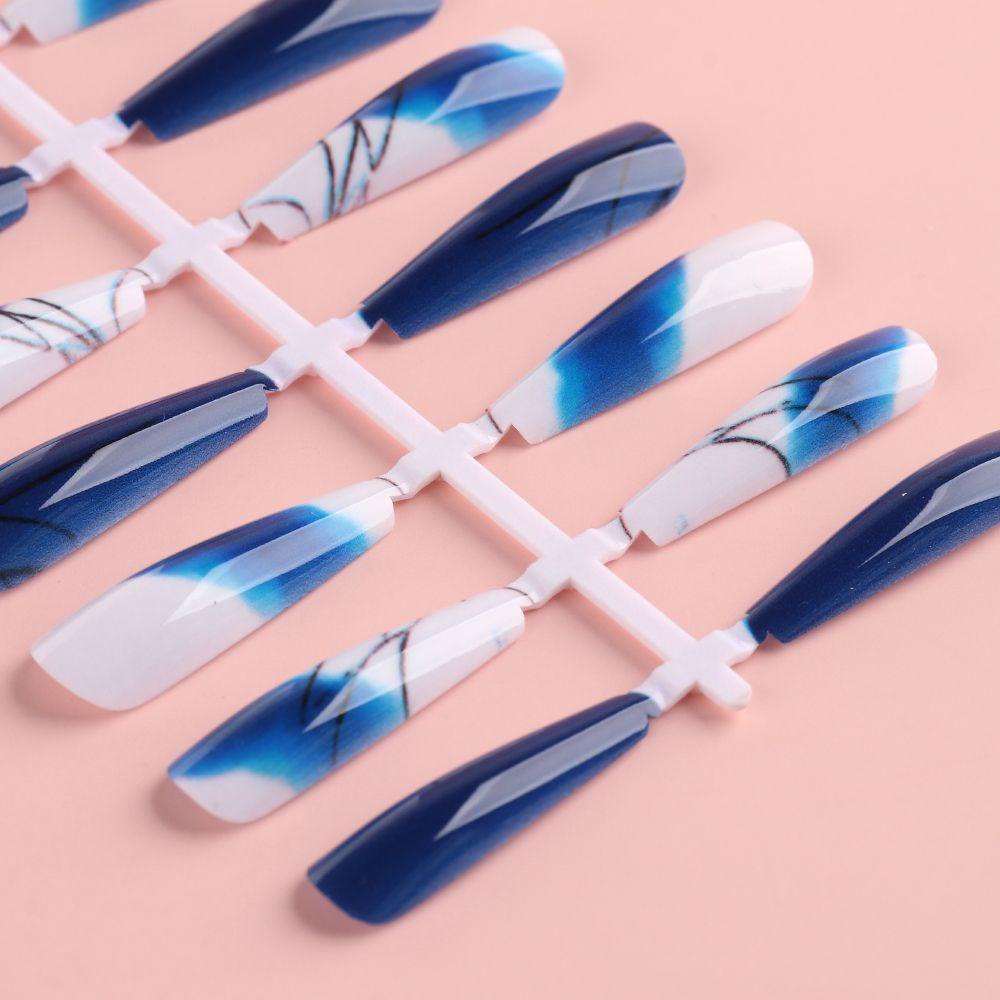 AUGUSTINA Kuku Palsu Panjang Agustinina Lepas Pasang 24tips Blue Manicure Tools Full Cover Hijau Kuku Palsu Set