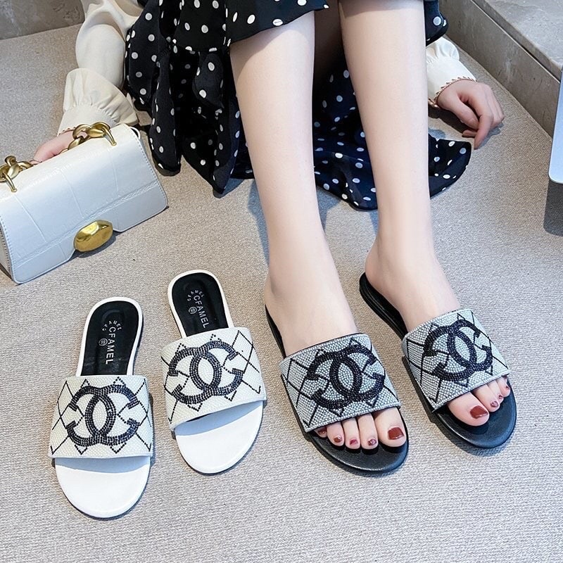 [BISA COD] AGI2115 Sandal chanel wanita import / Rhinestone Slippers / sandal / slip on wanita impor
