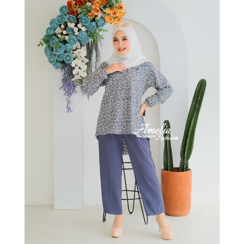 KEMEJA SET CELANA KERJA WANITA samira sakila arofa rania setelan one set tali pisah baju kerja wanita muslim muslimah ootd fashion hits modis motif bunga motif salur kotak kemeja blouse atasan