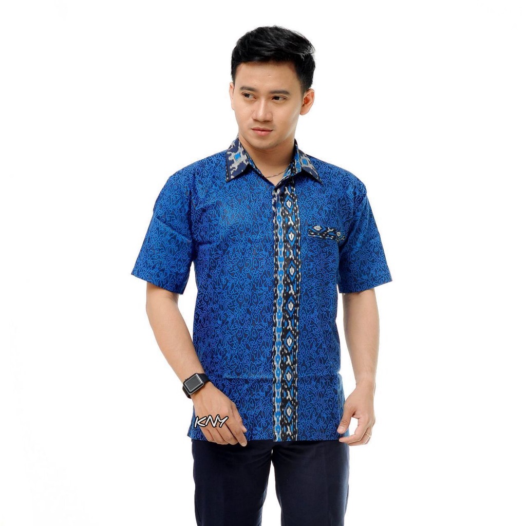 Kemeja Batik Pria Lengan Pendek Motif Mega Biru