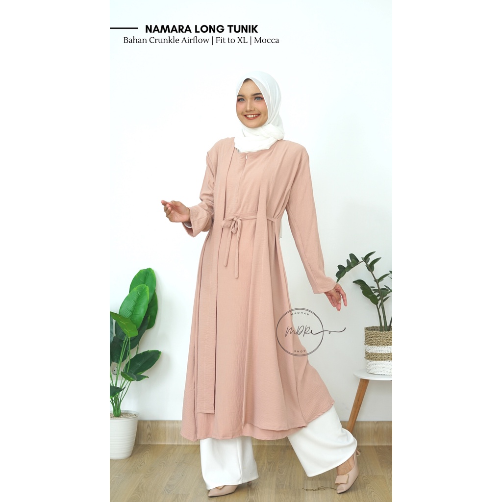 Namara Long Tunik  Crinkle  Jumbo polos model tali pinggang Busui Import Premium Fit to XL Ld 112Terbaru Kekinian