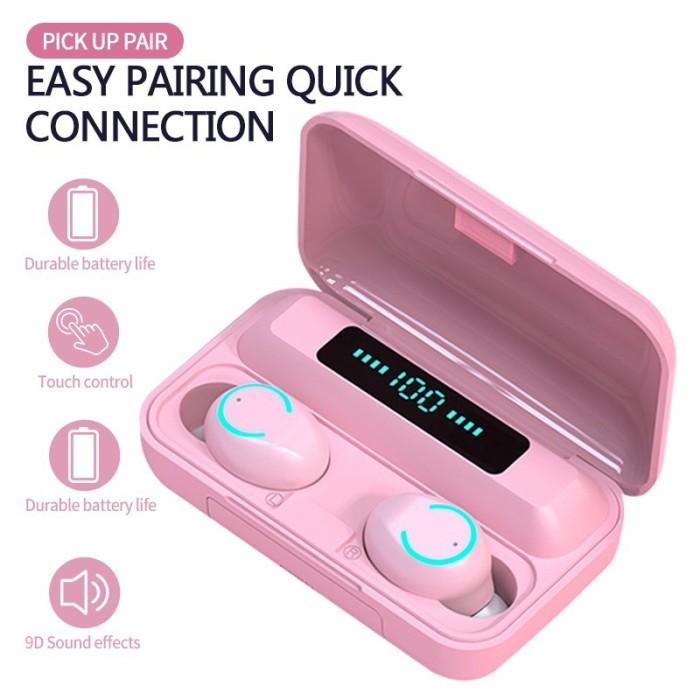 Headset Bluetooth Earphone Tws Macaron F9 Wireless Headset Pink Lucu