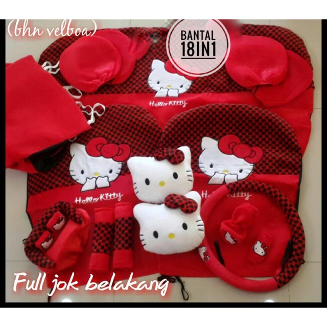Bantal Mobil / Sarung Jok Mobil / Bantal 18in1 / 18in1 hello kitty merah Hitam (head-rest Menyatu)