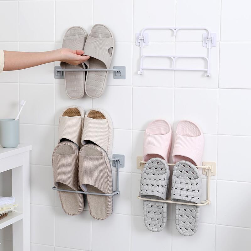 Simple Style Wall-mounted Foldable Shoe Storage Rack Home Paste Space-saving Slippers Shelf Bathroom Shoe Organizer