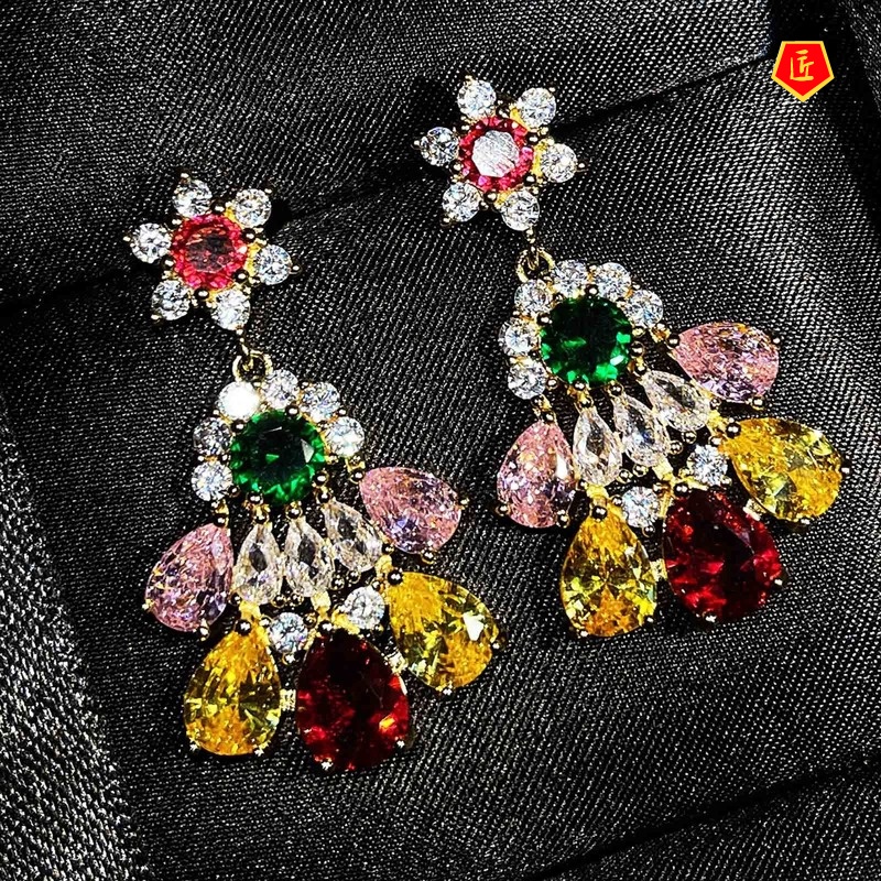 [Ready Stock]Light Luxury Long Fashion Retro Colored Gems Earrings