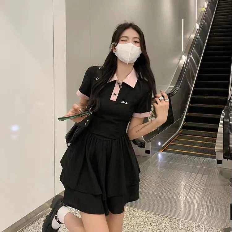 Hot girl dress perempuan polo kerah musim panas desain niche rasa pinggang ramping gaya Korea rok pe