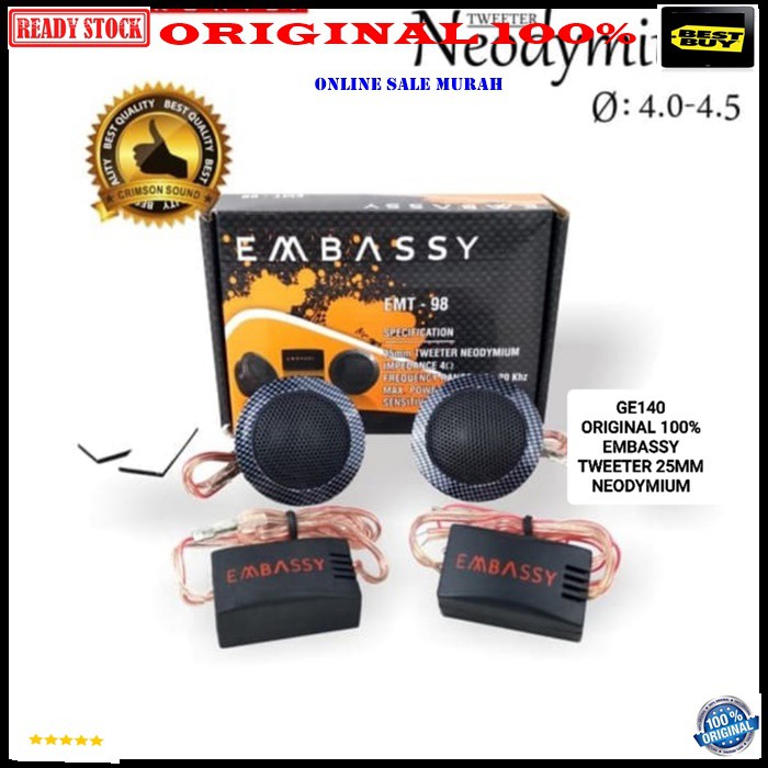 G140 Embassy original 100% tweeter super DOME twiter speaker spk mini mobil car NEODYMIUM audio sound system musik suround bahan besi magnet CROSSOVER music suara best  Harga adalah sepasang atau 2pcs speaker  Bisa buat speaker aktip ataupun pasif speaker