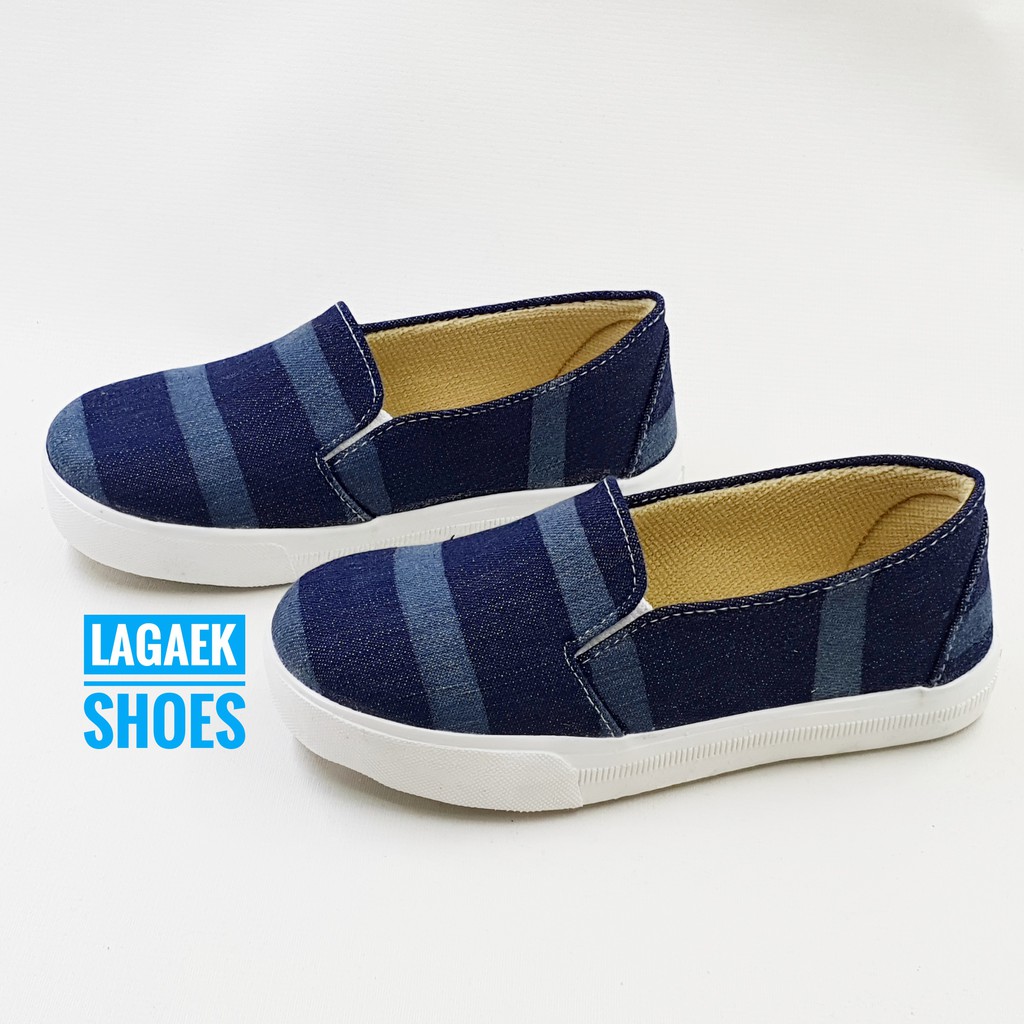 Sepatu Anak Perempuan Usia 1 2 Tahun Jeans Salur Navy - Sepatu Anak Cewek Keren Denim Alas Karet Anti Licin