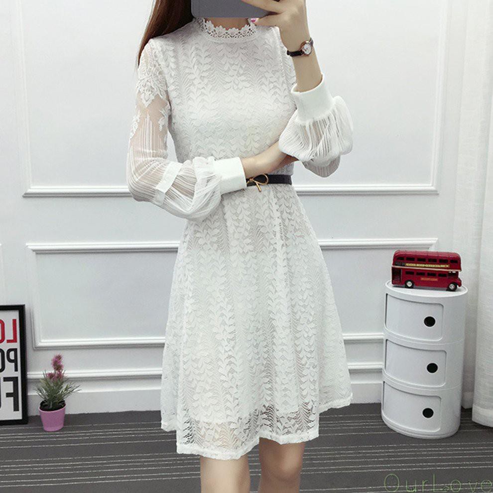 [ourlove] Dress Model A-Line Round Neck Lengan Lentera Bahan Lace Hollow Gaya Korea untuk Wanita