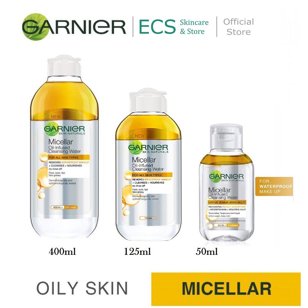 Garnier Micellar Water OIL INFUSED BIPHASE (Pembersih wajah &amp; Make Up Waterproof) 125 ml / 50ml 400 ml - Kuning Orange Micelar MakeUp Water proof