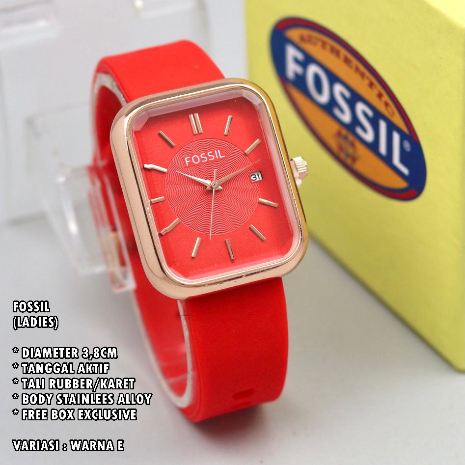 (FREE BOX) JAM TANGAN WANITA FASHION TALI RUBBER BODY SEGI BALOK TANGGAL AKTIF