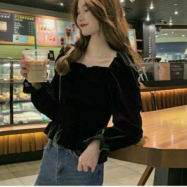 YBAlenka Baju atasan blouse smok lengan balon bludru hitam import baju atasan blouse cewek import