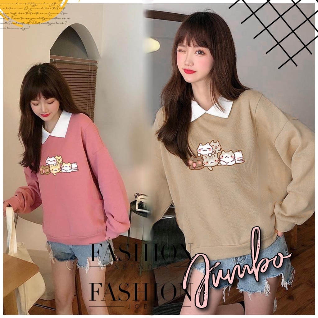 damai fashion jakarta - sweater OVERSIZE KERAH baju atasan tangan panjang CAT AND FRIEND - konveksi murah