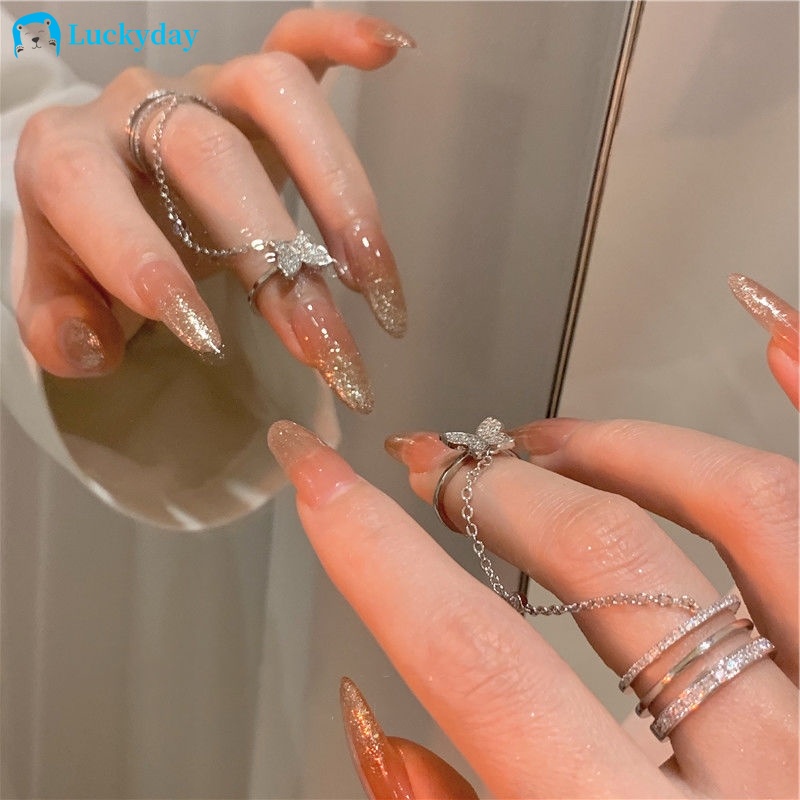 YEEZII Set Perhiasan Cincin Rantai Butterfly Model Terbuka Dapat Disesuaikan Aksen Kristal Warna Silver Untuk Wanita