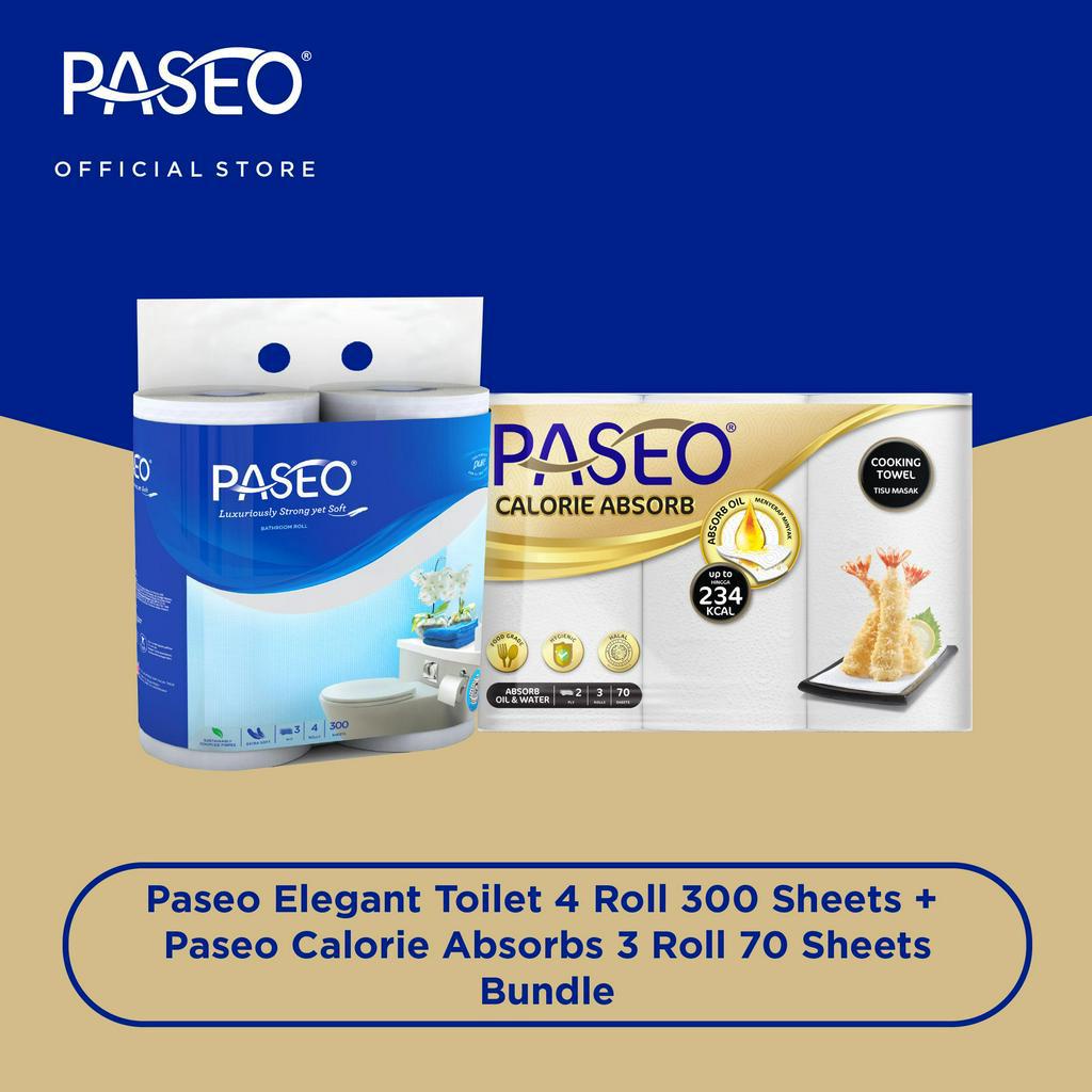 Paseo Calorie Absorbs Cooking Towel Roll  70 Sheets + Paseo Elegant Tissue Toilet Core 300 Sheets