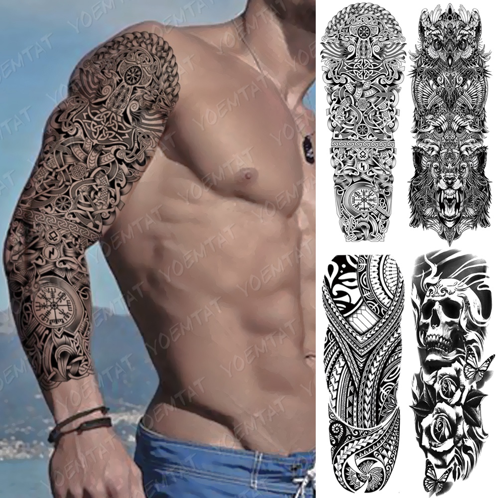 Large Arm Sleeve Tattoo Snake Owl Bear Maori Waterproof Temporary Tatto Sticker Skull Totem Body Art