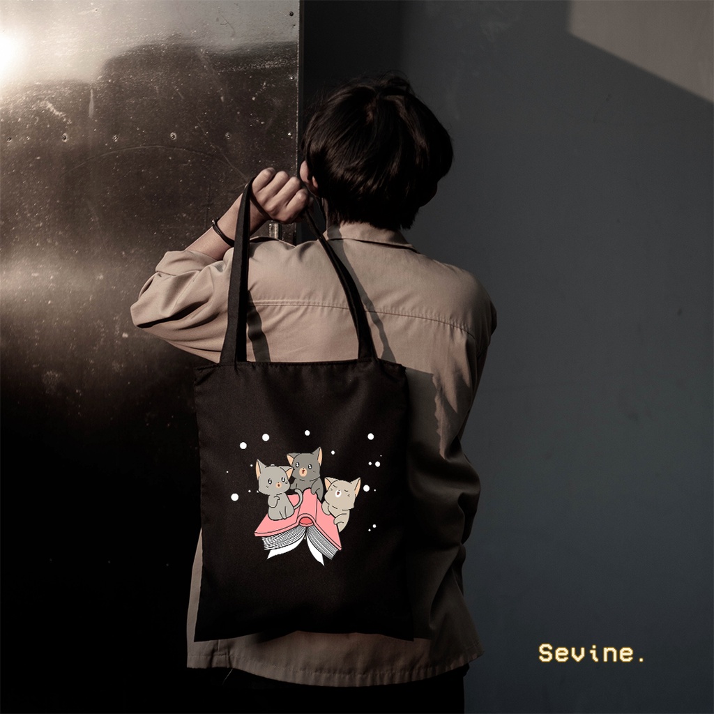 Sevine Totebag Tas Wanita Tote Bag Resleting Cute Cat Black Series - CSL1