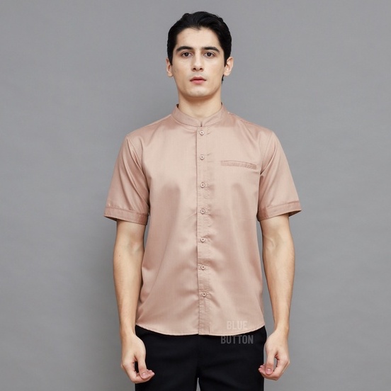 BlueButton Kemeja Koko Polos Lengan Pendek Kerah Shanghai Pria Warna Salem