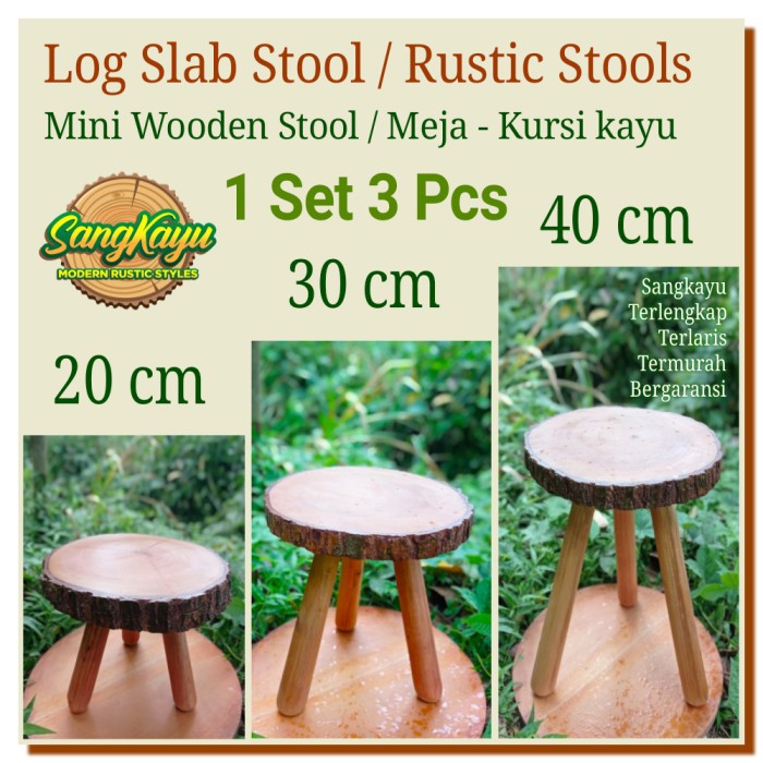 Meja kursi stool set 3 pcs meja tanaman hias meja kayu mini Rustic