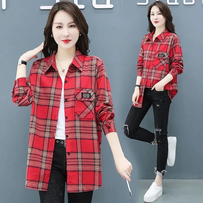 2021 spring and autumn new loose and thin plaid shirt for women with foreign style aging jacket for