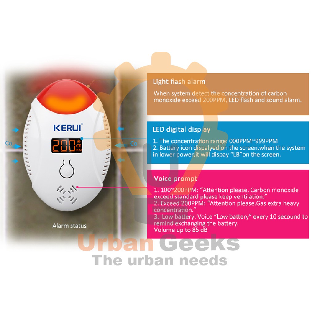 Pendeteksi Kebocoran CO Wireless Home Alarm Carbon Monoxide KERUI CD17