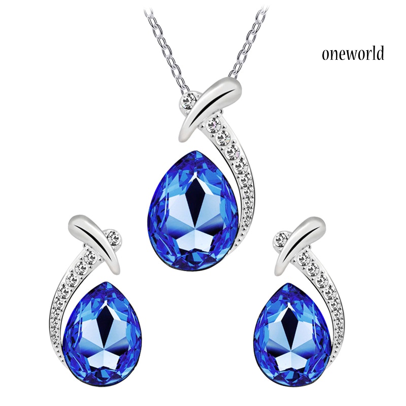 OW@ Lady Faux Crystal Water Drop Pendant Chain Necklace Earrings Wedding Jewelry Set