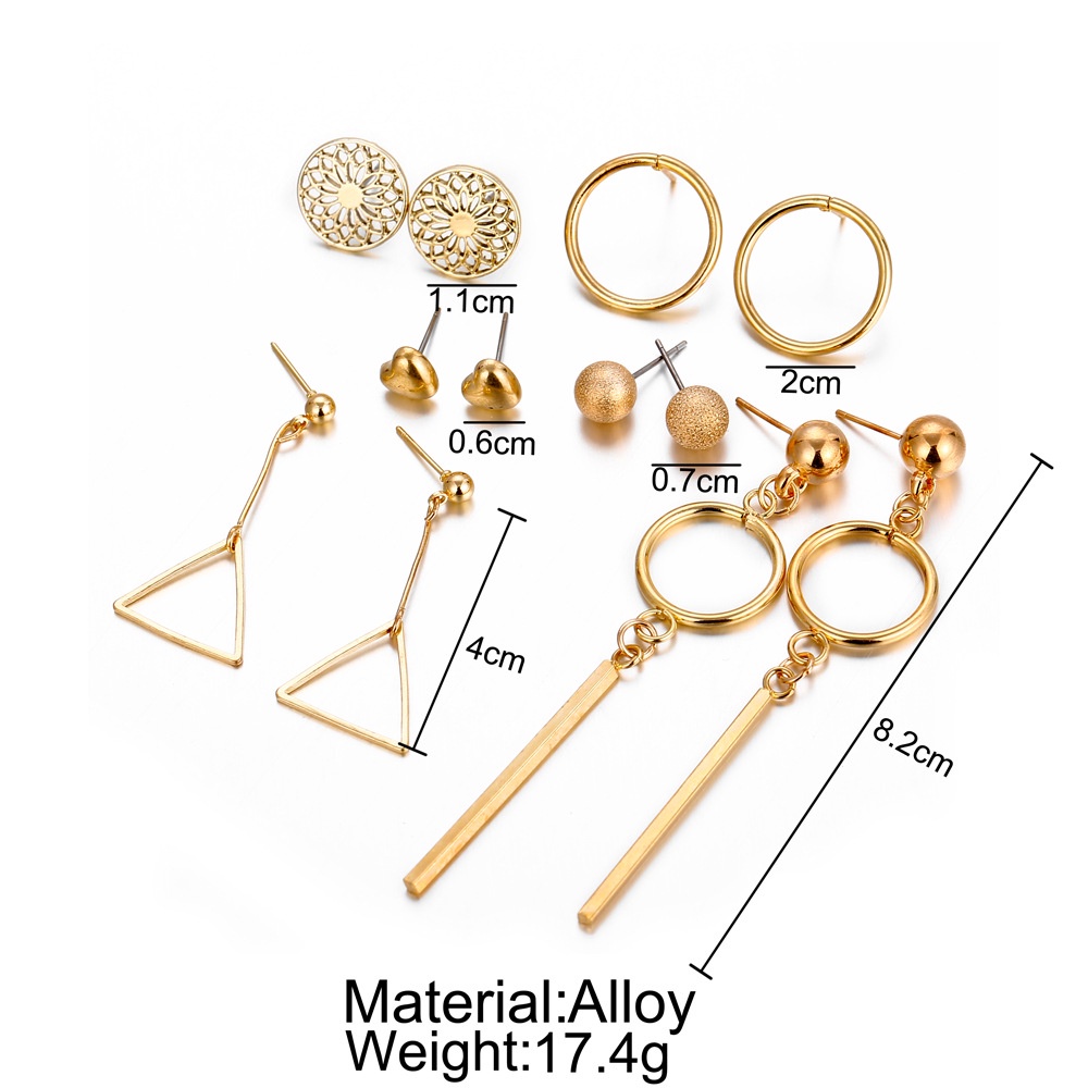 Anting Set 6 Pasang Anting Tusuk Korea Model Geometris Panjang Bulat Hati Vintage Korea