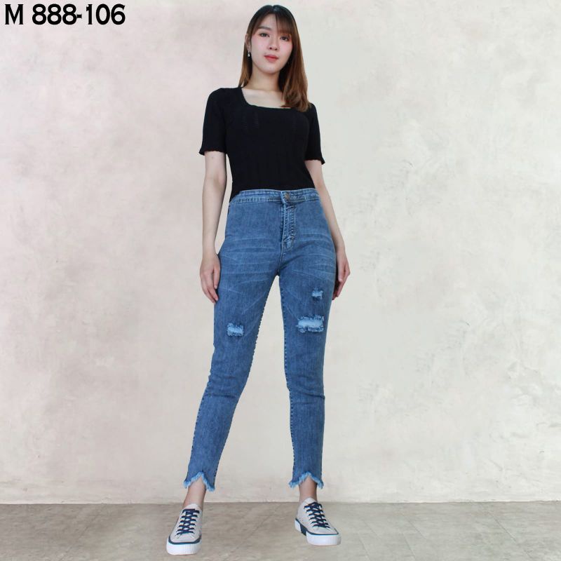 Celana panjang Highwaist stretch jeans 7/9 Sobek tembus M888 106 [ Size: 27-30 ]