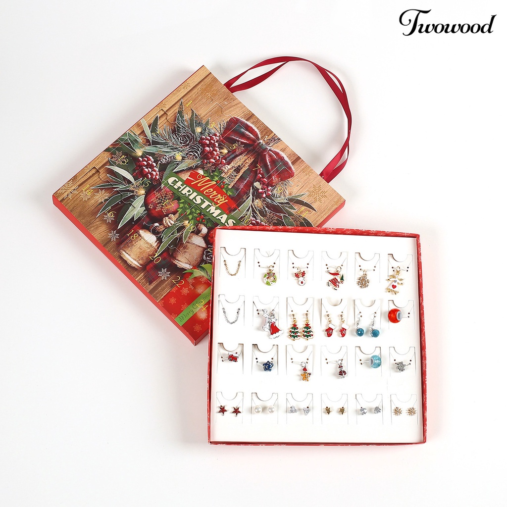 Twowood 1 Set Jewelry Advent Calendar Christmas Tree Elk Pendant Decoration Girls Christmas Element All Match Necklace Earrings Ear Studs for Party